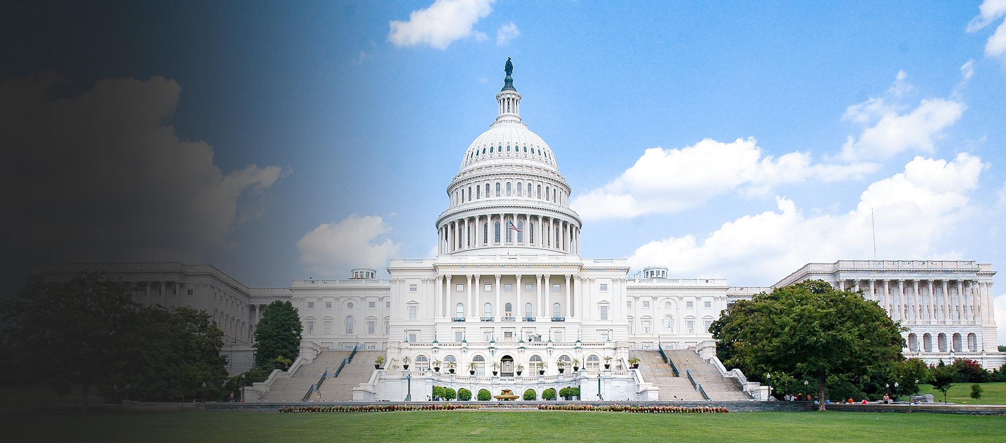 A wide angle shot of the Capitol building in Washington, DC.