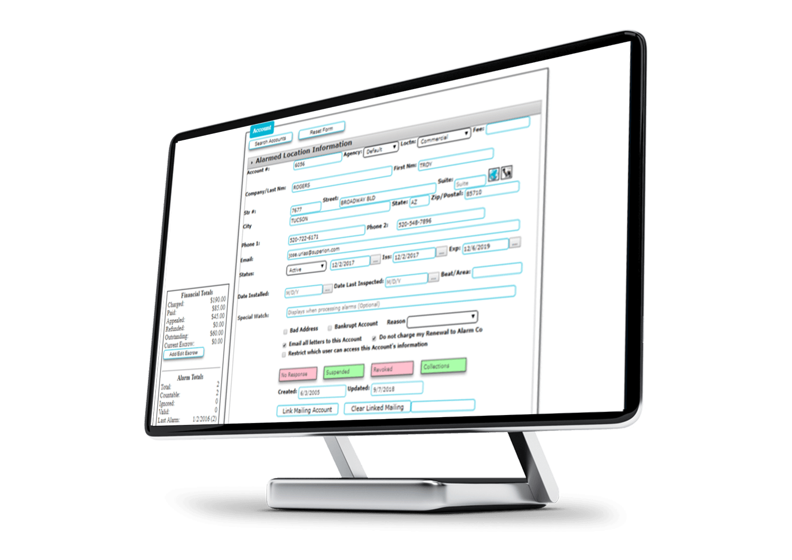 A desktop screen displays CentralSquare's False Alarm Management solution.