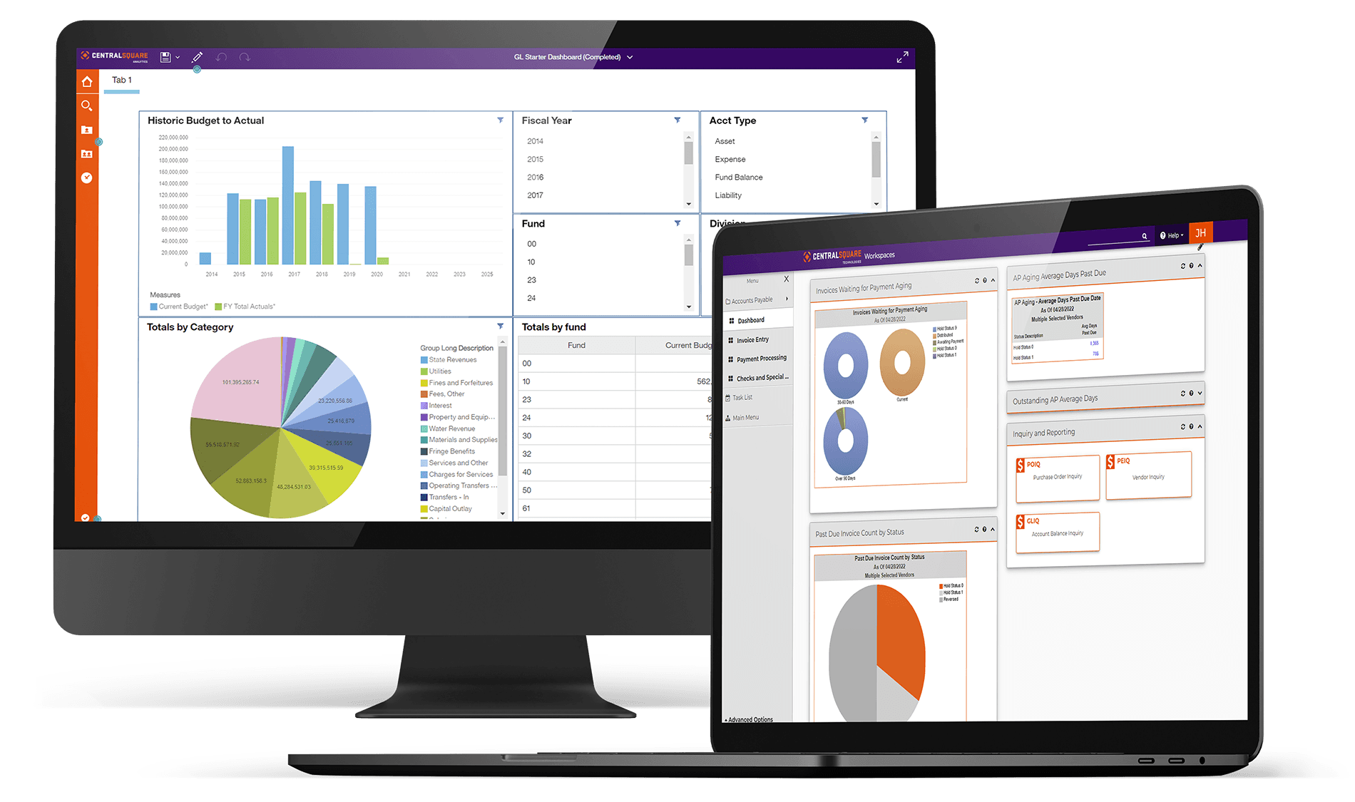 A desktop and laptop screen sit sit by side, both displaying data charts inside of CentralSquare's Analytics solution for public adminstration.