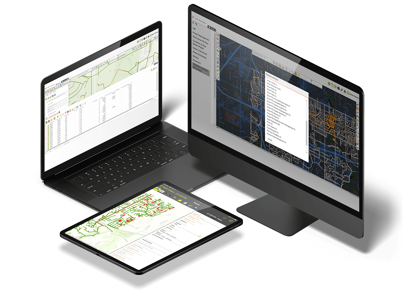 A laptop, desktop and tablet all displaying CentralSquare's Enterprise Asset Management solution.